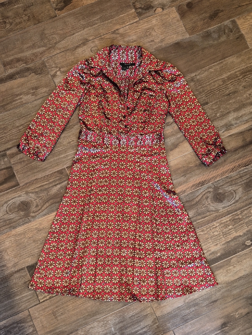 Zara Silky Red Burgundy Abstract Floral Print Collared 3/4 Sleeve Midi Dress, XS